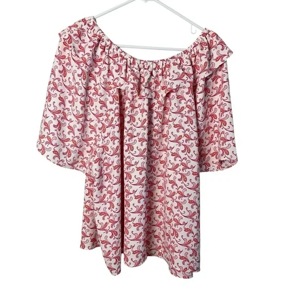 Ann Taylor XXL Ruffle Neck Paisley Blouse Pink Red Short Sleeve Top - Picture 5 of 9